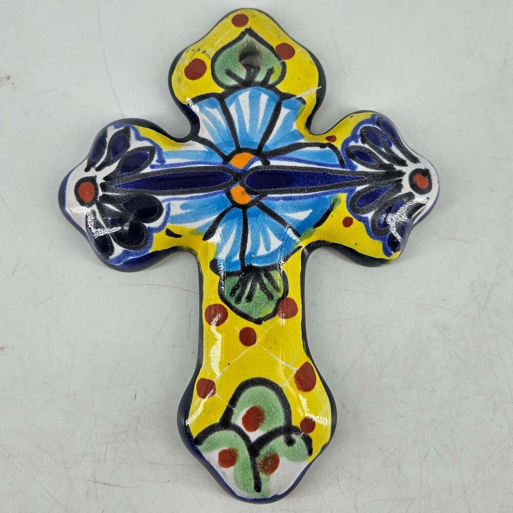 Mexican Talavera Wall Cross Hand Painted Ceramic Tile Multicolor Mexico